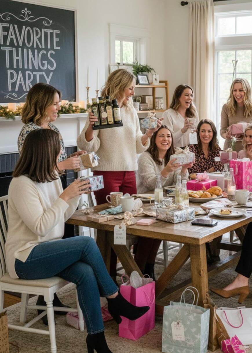 A group of women gathered around a dining table, laughing and exchanging gifts at a “Favorite Things Party.” The table is filled with food, drinks, and wrapped presents. A festive sign hangs on the wall in the background.