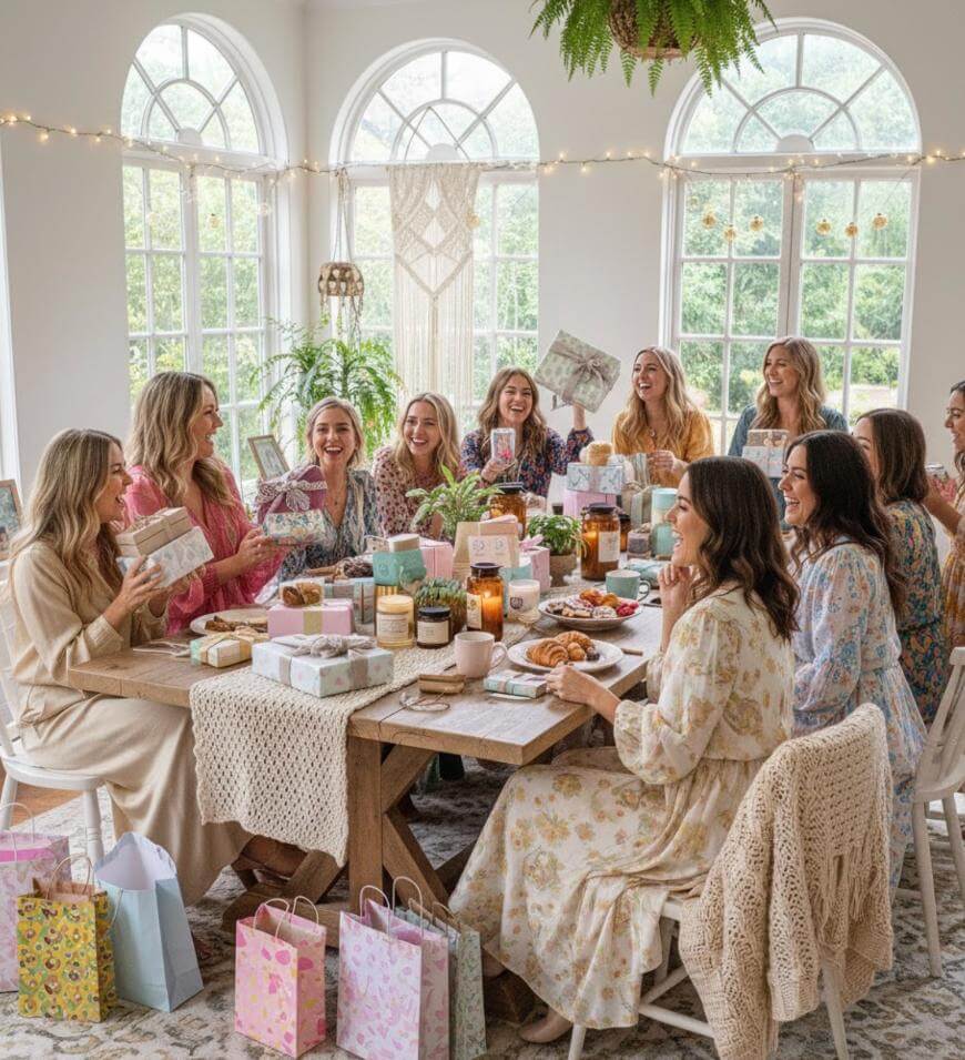 A group of women in light, floral dresses sit around a table filled with gifts, candles, and pastries in a bright room with large windows and plants, smiling and celebrating together.