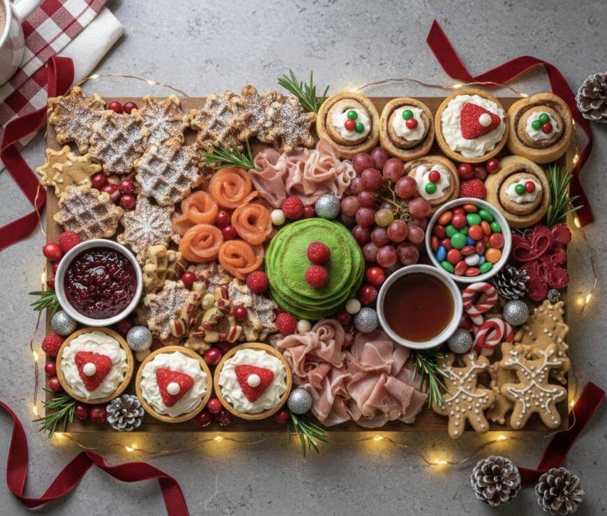 A festive charcuterie board with waffles, cookies, meats, green pancakes, berries, grapes, candy, sauces, and holiday decorations, all arranged neatly on a gray tabletop with lights and red ribbon.