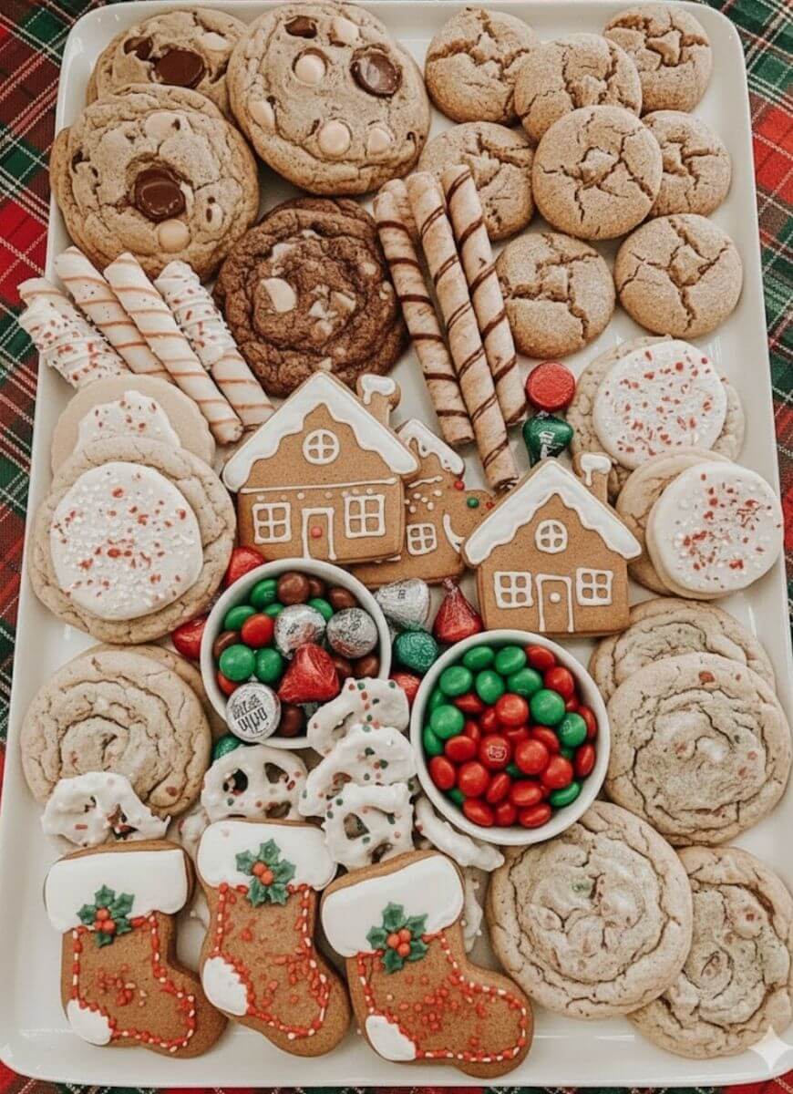 A festive tray filled with assorted holiday cookies, gingerbread houses, decorated stocking-shaped cookies, wafer rolls, Hershey’s Kisses, and red and green M&Ms, all arranged on a plaid tablecloth.