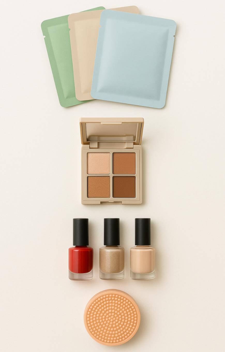 Four pastel sheet masks, a brown-toned eyeshadow palette, three bottles of nail polish (red, gold, nude), and a round textured compact are arranged neatly on a light background.