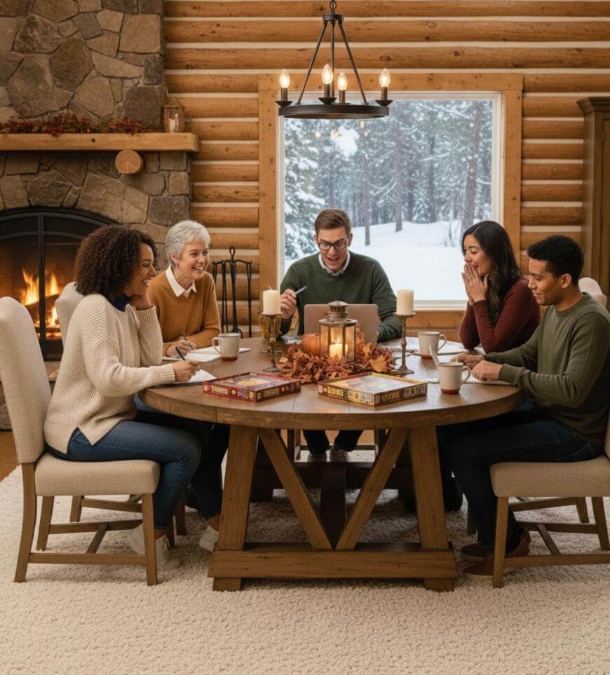 A group of five people sit around a wooden table in a cozy log cabin, smiling and talking. There is a fireplace, autumn decor, board games, and a snowy scene visible through the window in the background.