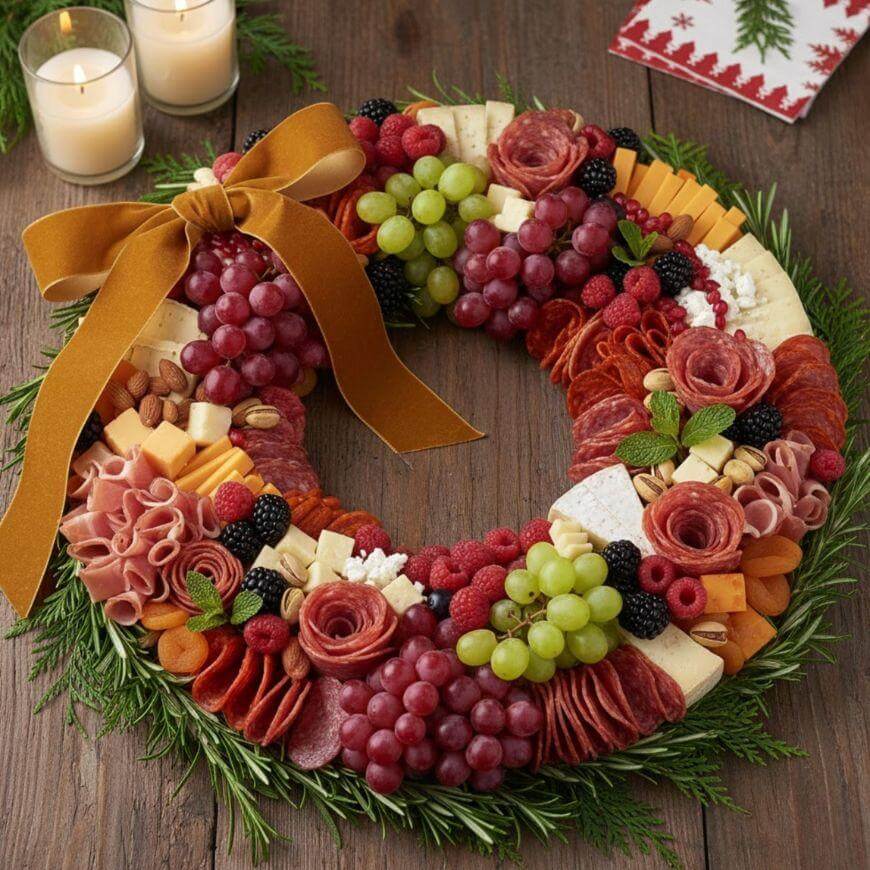 A wreath-shaped charcuterie board decorated with assorted meats, cheeses, grapes, berries, nuts, and herbs, topped with a large brown ribbon. Two lit candles and a festive napkin are in the background on a wooden table.