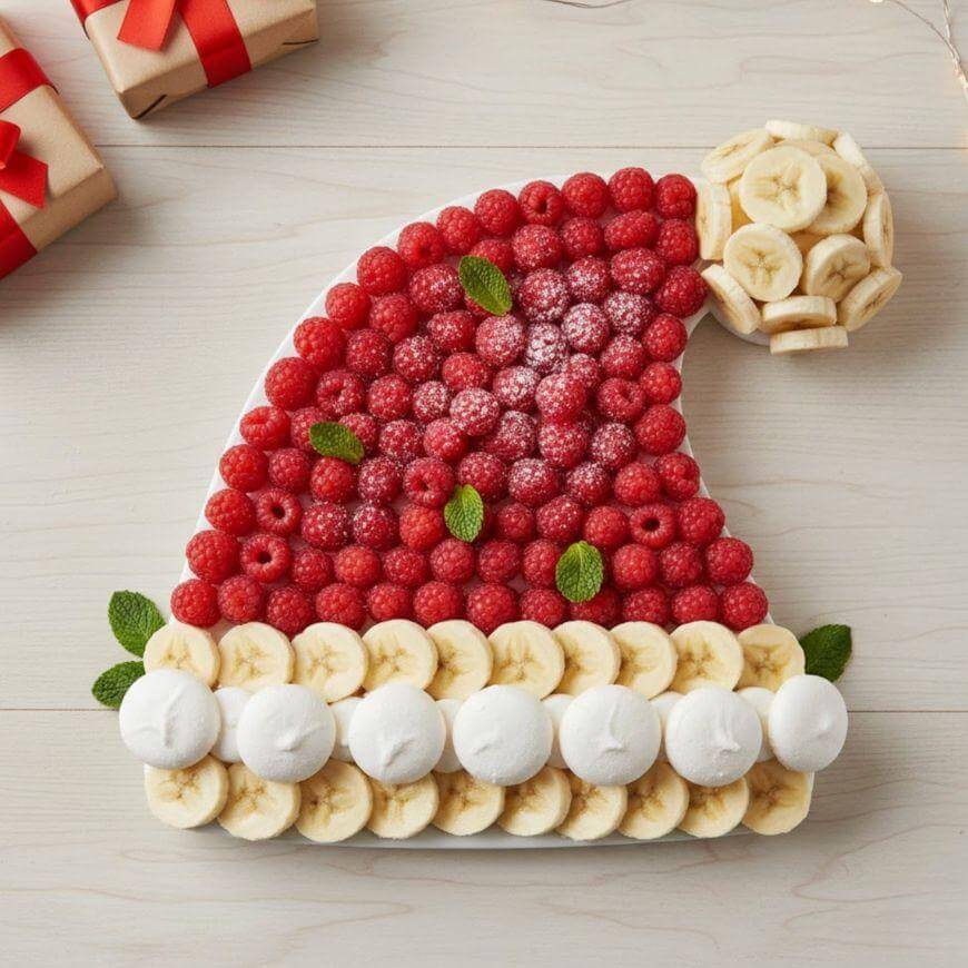 A festive fruit platter shaped like a Santa hat, made of raspberries, banana slices, and marshmallows, with mint leaves as decoration, on a light wood table near wrapped presents.