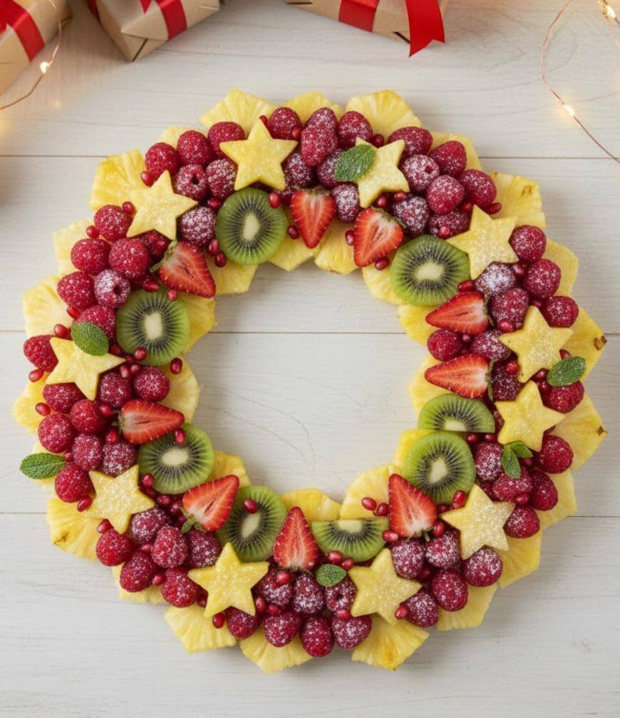 A festive fruit wreath made of pineapple stars, kiwi slices, strawberries, raspberries, red currants, mint leaves, and dusted with powdered sugar, arranged in a circle on a white wooden table.