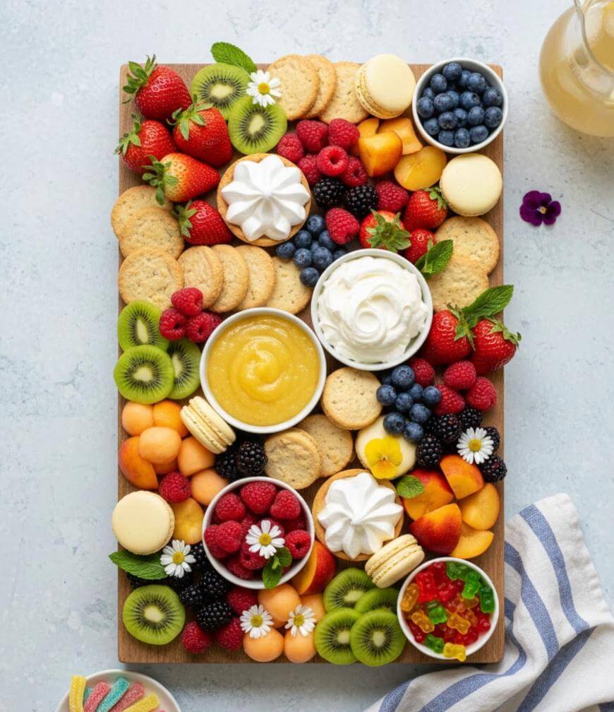 A rectangular wooden board topped with assorted fresh fruits, cookies, macarons, lemon curd, whipped cream, meringues, and gummy bears, arranged in a colorful, inviting display.