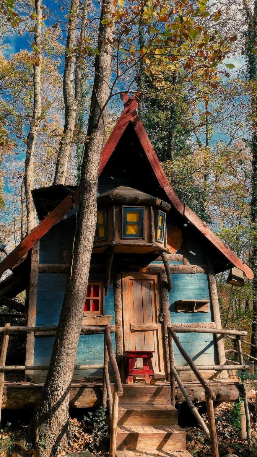 A whimsical wooden treehouse with a steep red roof and yellow-paned windows sits among tall trees, surrounded by autumn foliage under a clear blue sky. A small red stool is at the front door.