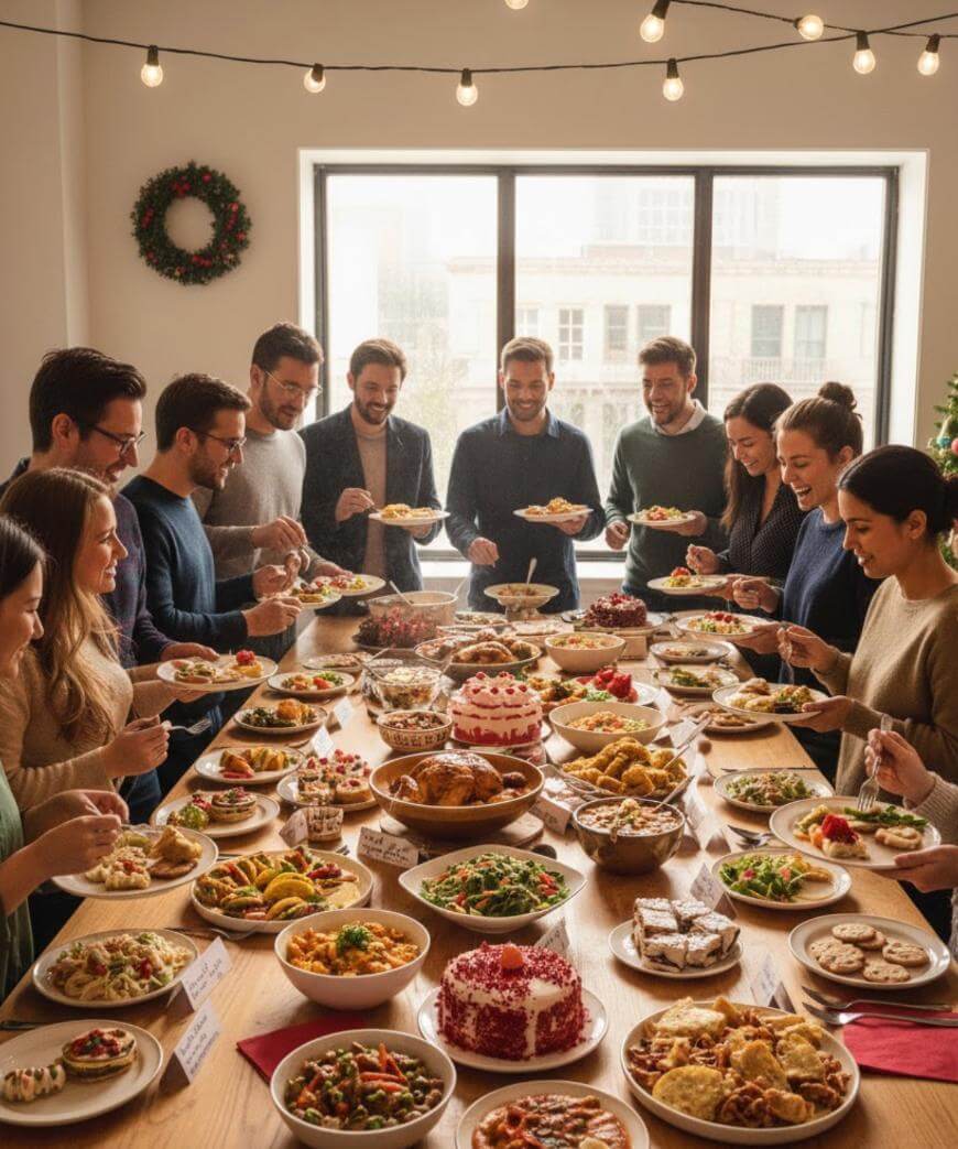 A group of people gather around a long table filled with a variety of festive dishes, enjoying food and conversation in a warmly decorated room with string lights and a holiday wreath.