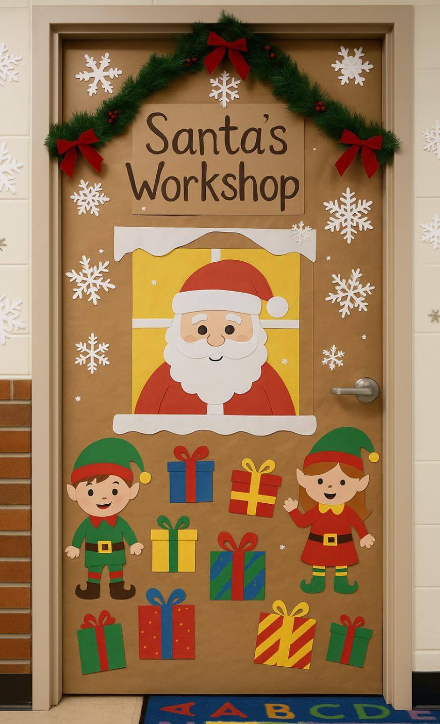 A classroom door decorated as Santa’s Workshop with paper cutouts of Santa in a window, two elves, gift boxes, snowflakes, and garland with red bows along the top.