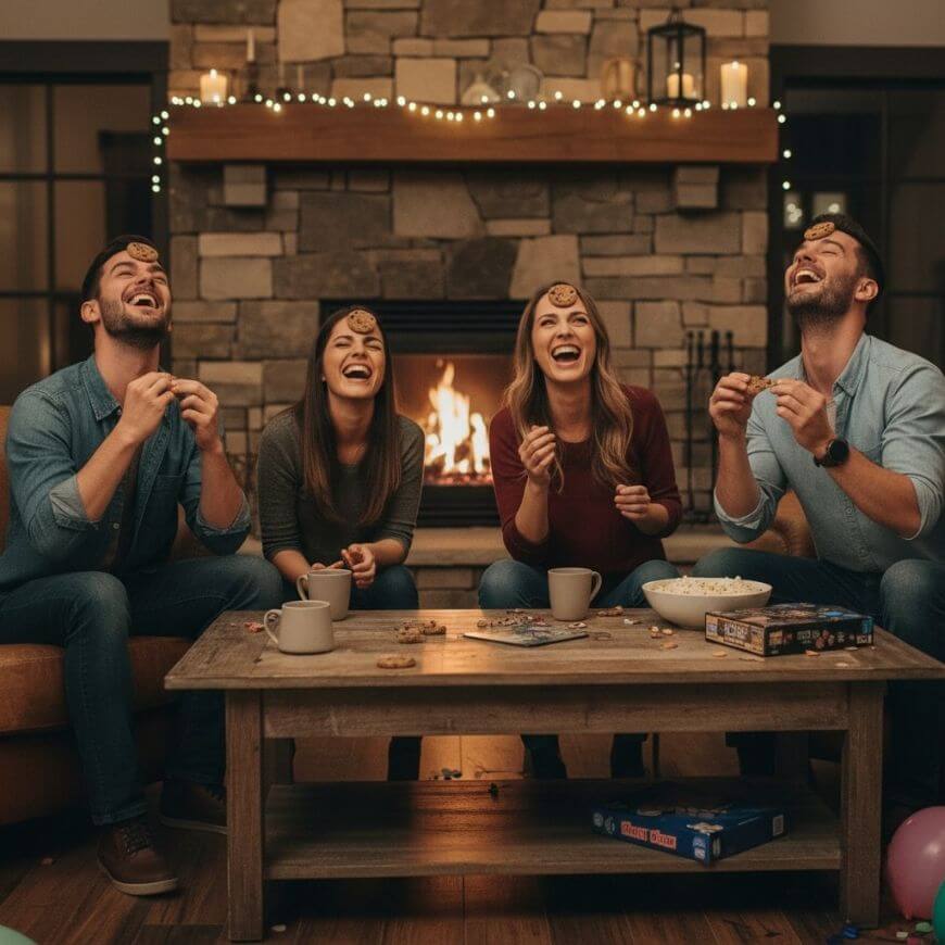 Four friends sit around a coffee table in a cozy living room, laughing as they balance cookies on their foreheads. A fireplace glows in the background, and snacks and games are on the table.