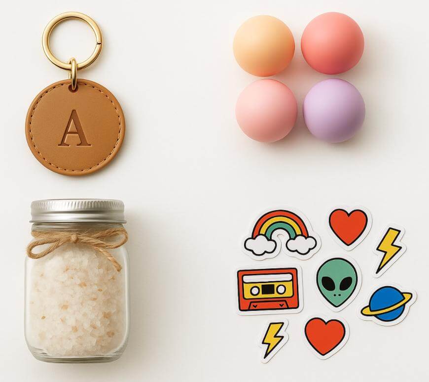 Flat lay of a leather keychain with the letter A, four pastel-colored round lip balms, a small jar of bath salts, and an assortment of colorful stickers including hearts, lightning bolts, an alien, and a rainbow.
