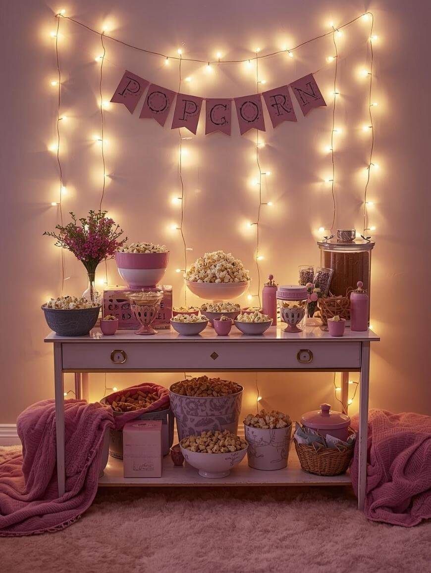 A cozy popcorn bar set up on a white table, decorated with pink bowls, flowers, jars, and blankets, with bowls and buckets filled with popcorn. Warm string lights and a POPCORN banner hang on the wall behind.