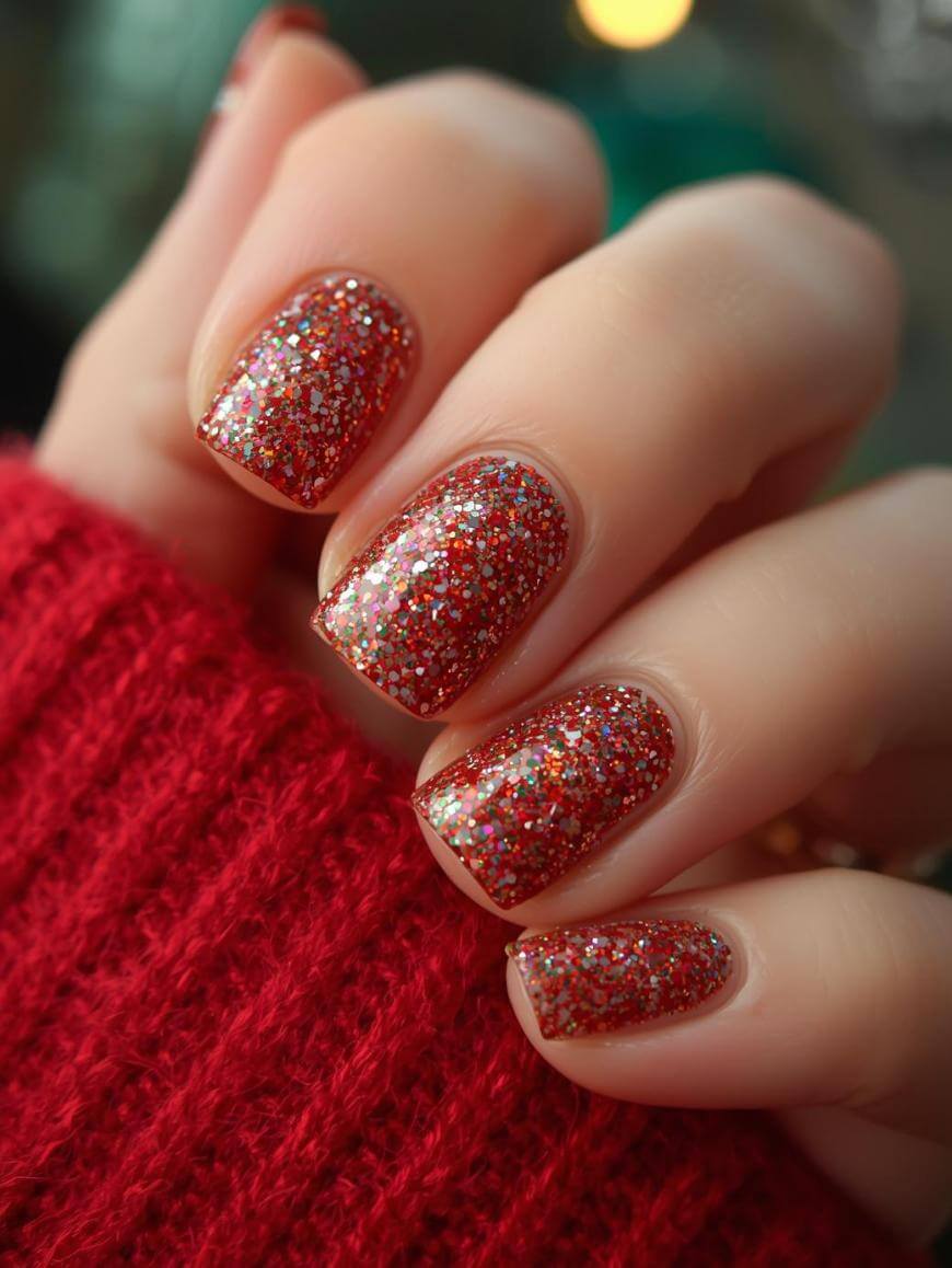 A close-up of a hand with neatly manicured nails painted in red glitter polish, resting against a red knit sweater. The nails are short and evenly shaped, with a festive and sparkly appearance.