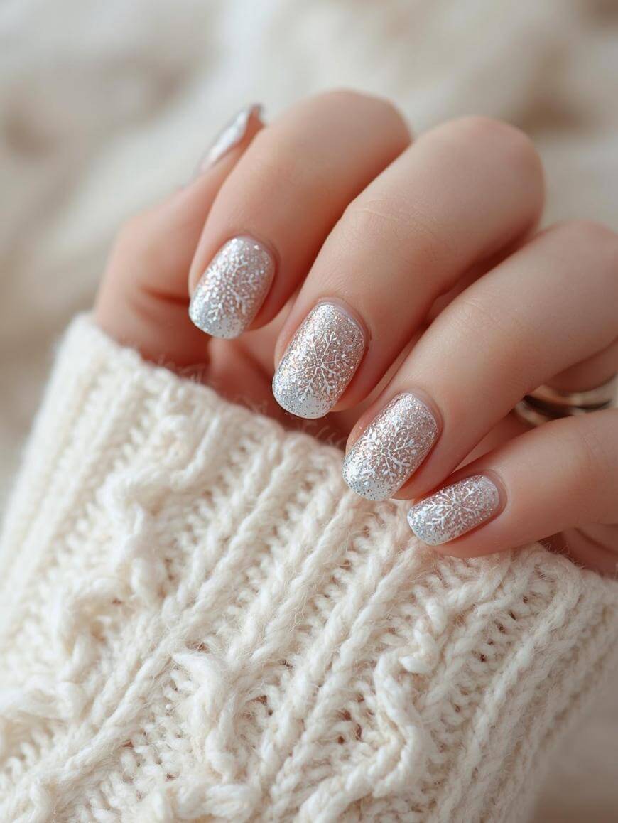 A hand with pale pink nails featuring white snowflake designs, held against a cream-colored, cable-knit sweater sleeve.