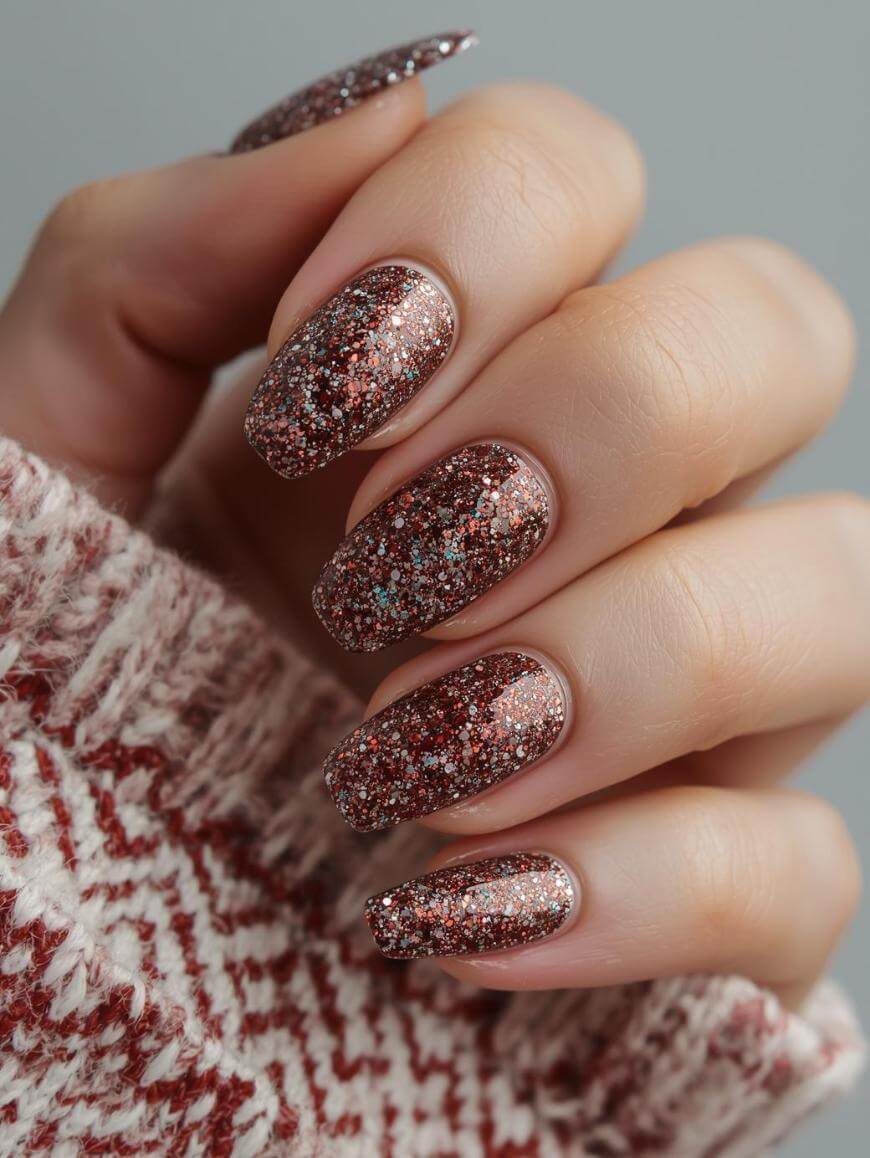 A close-up of a hand with neatly manicured nails painted in a sparkly, multi-colored glitter polish. The person is wearing a knitted sweater with a red and white zigzag pattern.