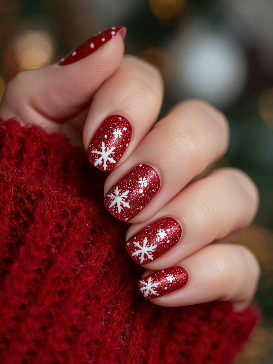 A hand with red, glittery nail polish featuring white snowflake designs, partially wrapped in a cozy red knit sweater. The background is softly blurred with warm, festive lighting.
