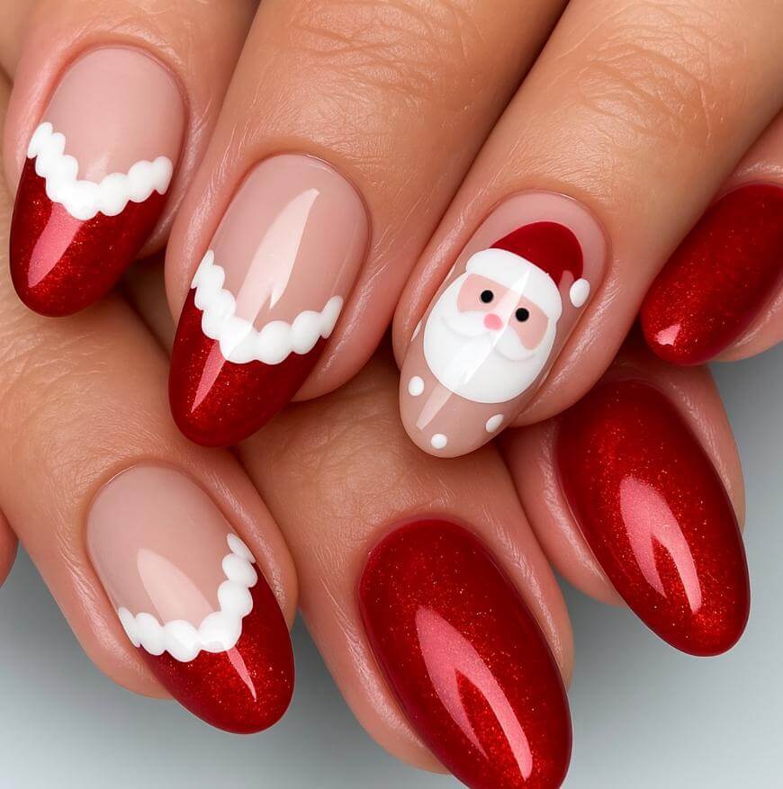 A close-up of festive red and nude Christmas-themed nails, featuring red tips with white trim on most nails and a detailed Santa Claus face design on an accent nail.