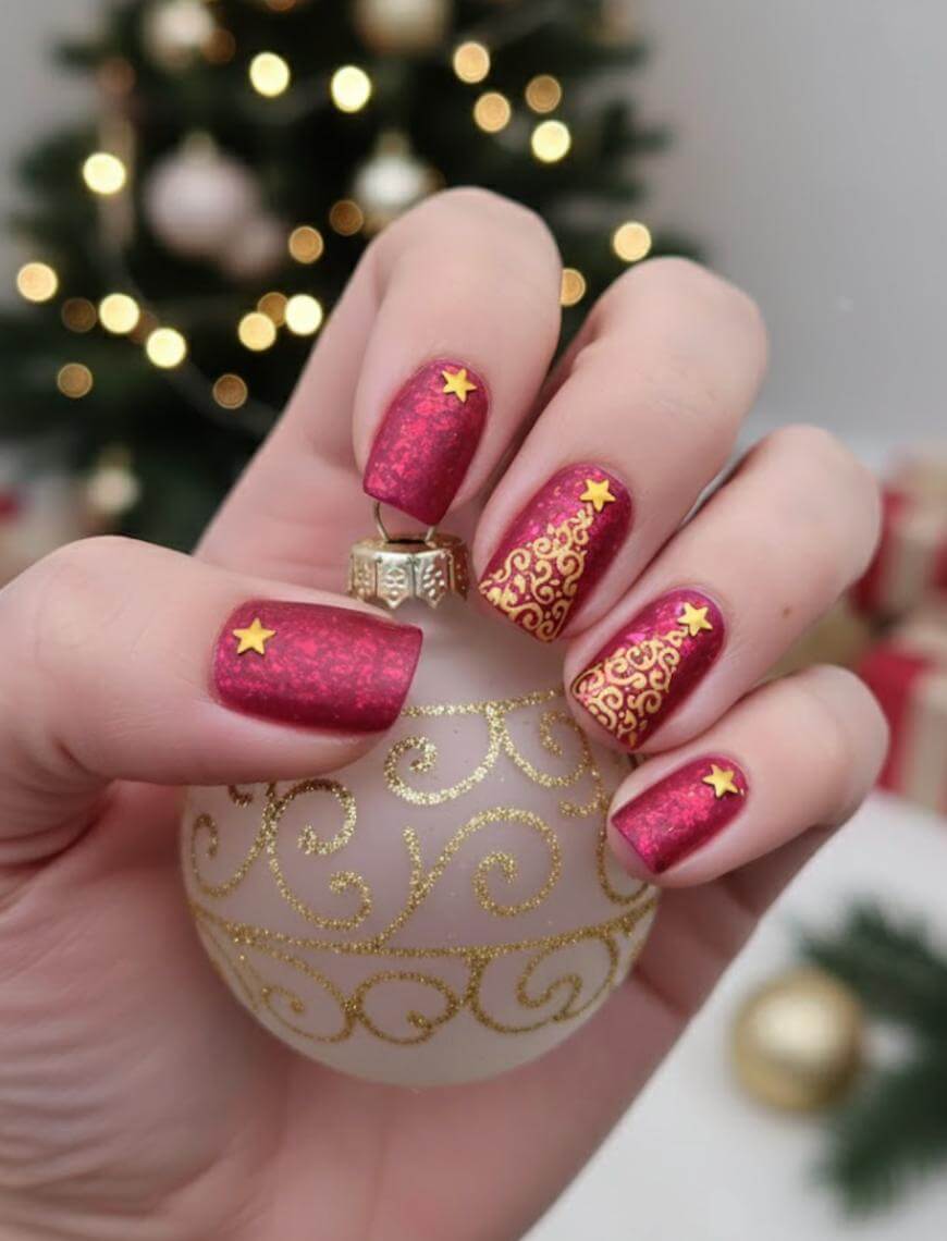 A hand with festive red and gold nails, each featuring a small gold star and intricate gold patterns, holds a white and gold ornament in front of a blurred Christmas tree background.