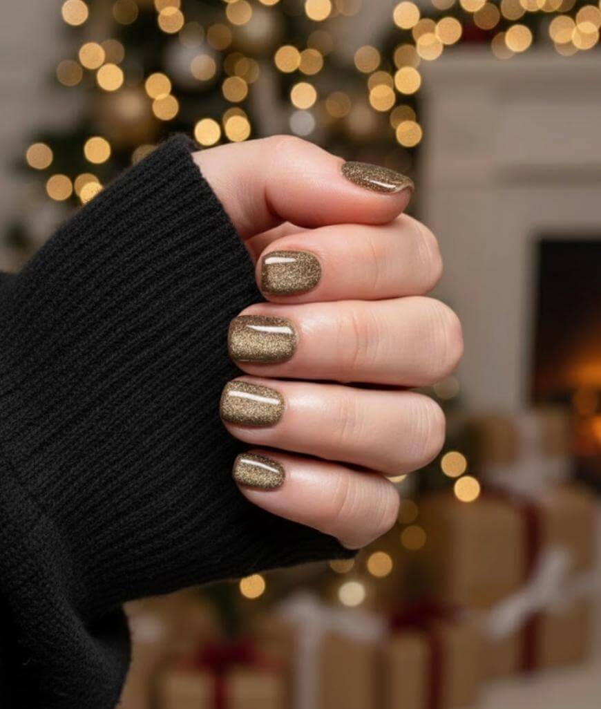 A hand with gold glittery nail polish is shown against a festive background with blurred Christmas lights, a decorated tree, and wrapped gifts. The person is wearing a black sweater.