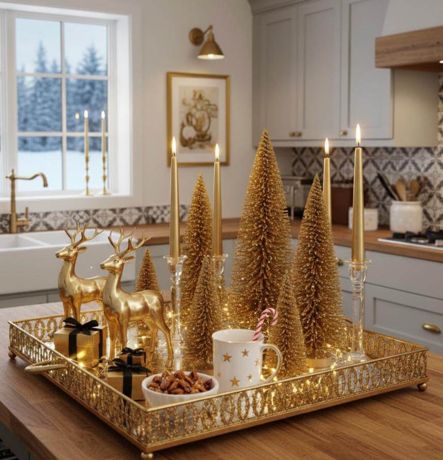 A gold tray on a kitchen island holds golden reindeer figurines, gold bottle brush trees, lit candles, a white mug with gold stars and candy cane, and a small dish of nuts. A snow-covered scene is visible through the window.