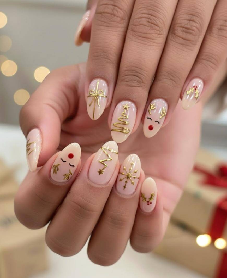 A hand with almond-shaped nails painted nude, featuring gold Christmas-themed nail art: trees, stars, holly, bows, and festive faces with red noses. Holiday lights and gift boxes are blurred in the background.