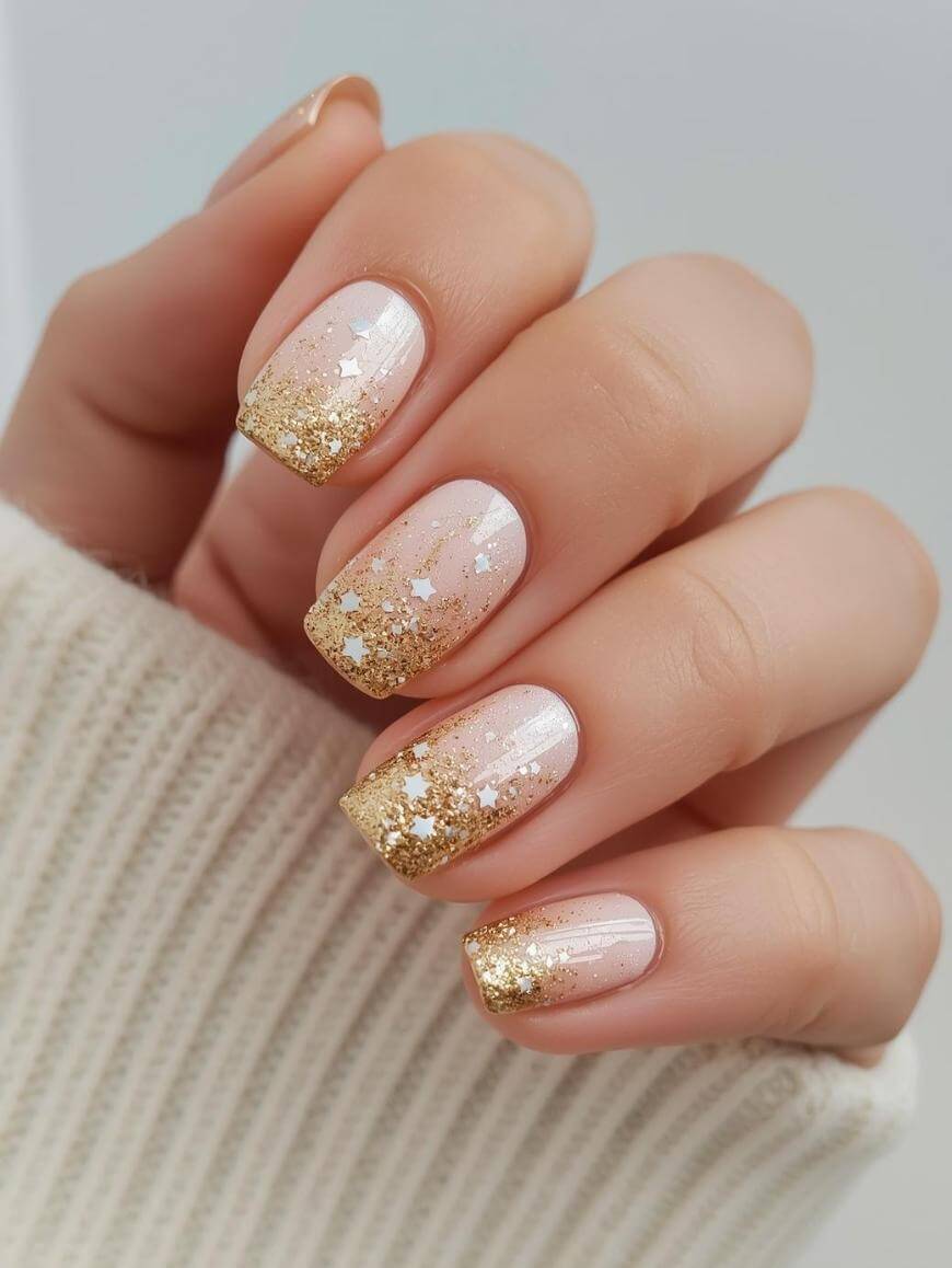 A hand with manicured nails featuring a light pink base, gold glitter gradient tips, and small white star-shaped accents. The person is wearing a cream-colored sweater.