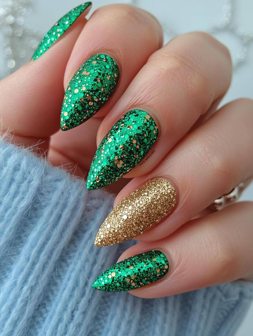 A hand with long, pointed nails featuring green glitter polish on most nails and gold glitter polish on the ring finger. The person is wearing a light blue, knitted sweater.