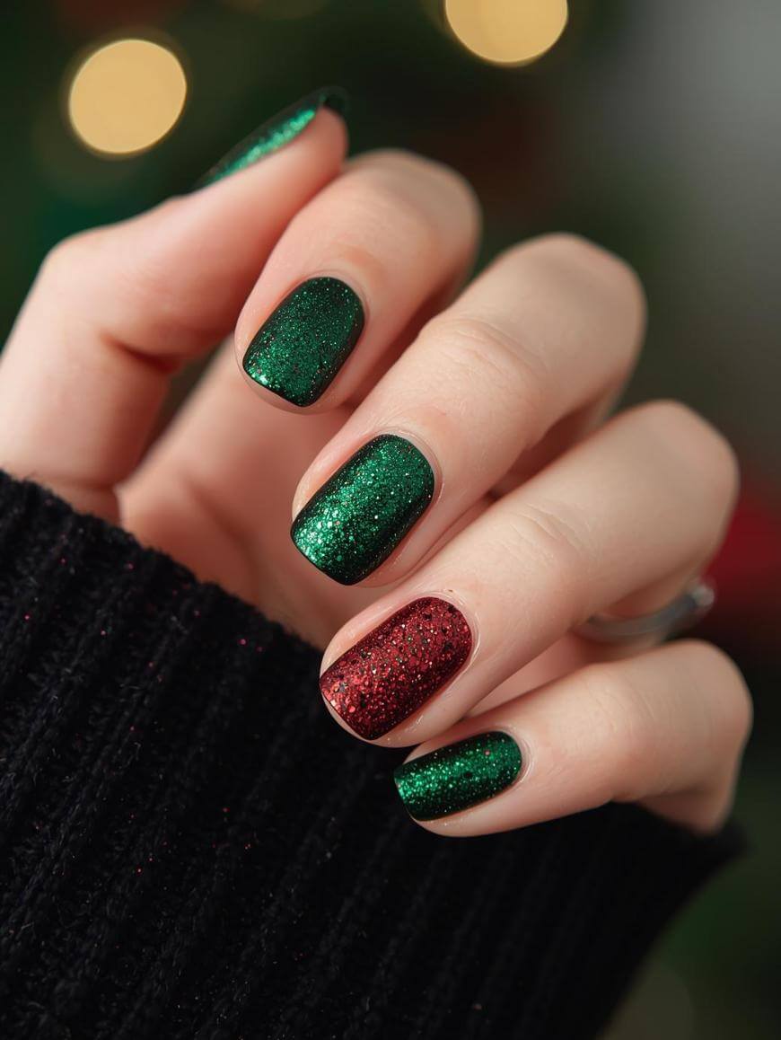 A hand with glittery green nail polish on most fingernails and glittery red polish on the ring finger, shown against a blurred background. The person is wearing a black sweater.