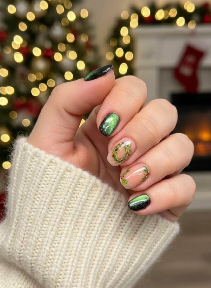 A hand with festive manicure featuring shimmery green nails and two accent nails with holiday wreath designs, set against a blurred background with a Christmas tree and fireplace.