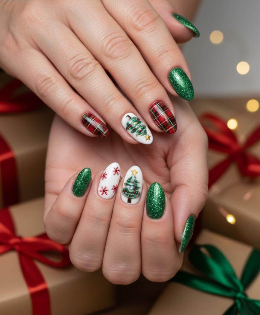 Close-up of hands with festive Christmas-themed nail art, including green glitter, red plaid, white nails with snowflakes, and decorated Christmas tree designs. Wrapped gifts with green and red ribbons are in the background.