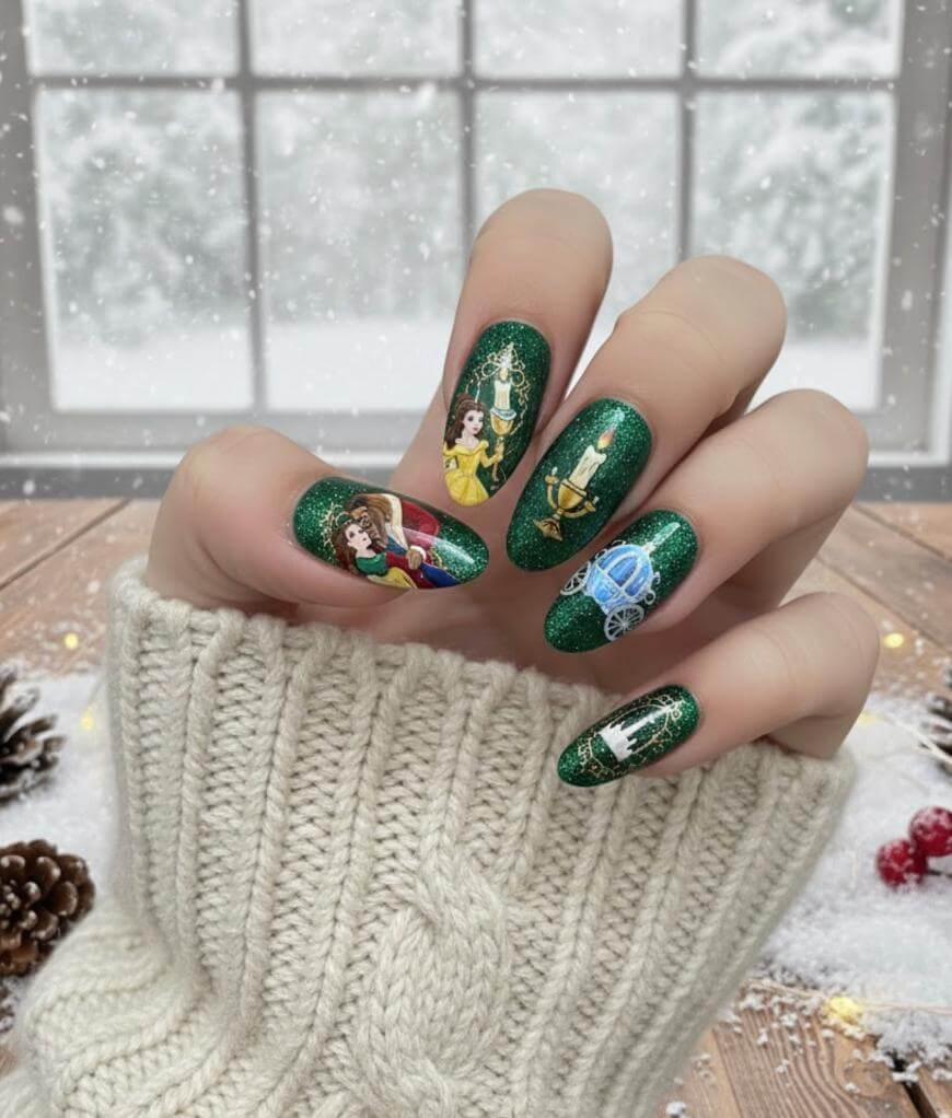 A hand with green glittery nail art featuring Beauty and the Beast characters and symbols, including Belle, Lumière, Mrs. Potts, Chip, and a carriage. The hand is in a cream knit sweater, with a snowy window in the background.