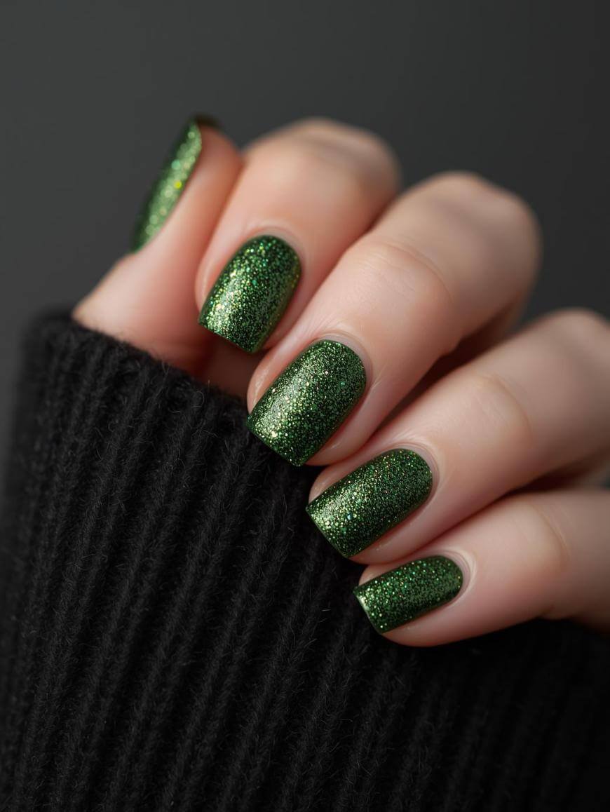 A hand with short, square-shaped nails painted with sparkly green nail polish, shown against a dark, blurred background. The person is wearing a black, ribbed long-sleeve garment.