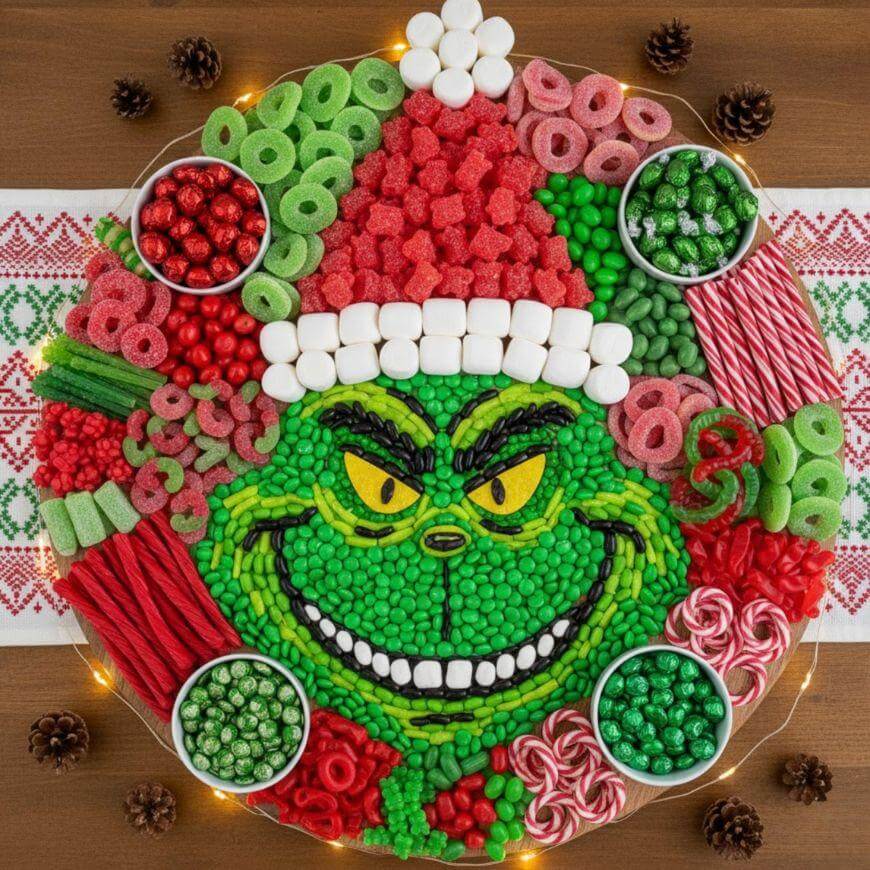 A festive platter with candies arranged to form the Grinch’s face wearing a Santa hat, surrounded by assorted red, green, and white holiday sweets, with pinecones and string lights on a wooden table.