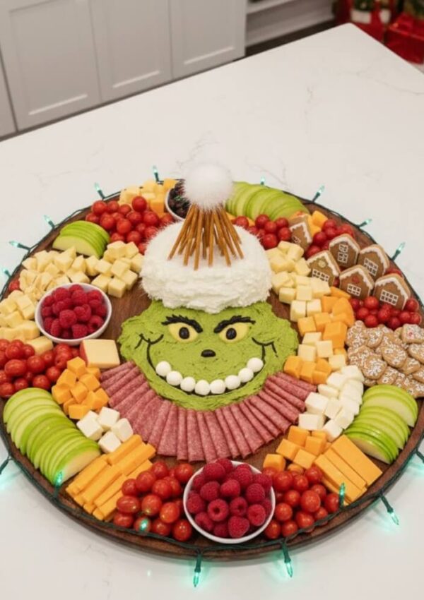 A festive charcuterie board with cheeses, meats, fruits, and cookies, featuring a dip arranged to look like the Grinchs face, surrounded by holiday treats and string lights on a round tray.