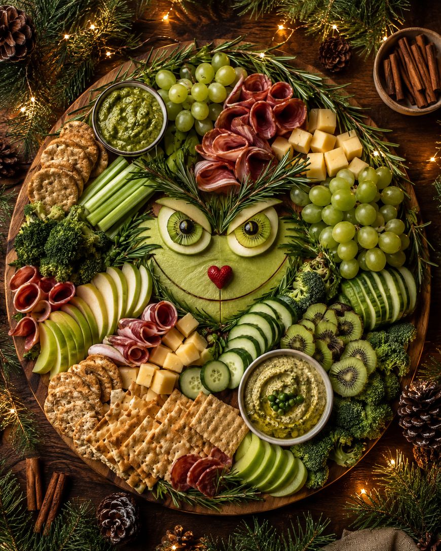 A festive Grinch charcuterie board arranged to resemble the Grinch’s face, made with green apples, grapes, cucumbers, cheese, meats, crackers, and dips—perfect for adding fun to your holiday parties. Surrounded by pine branches and holiday lights, this creative spread is sure to delight guests of all ages.