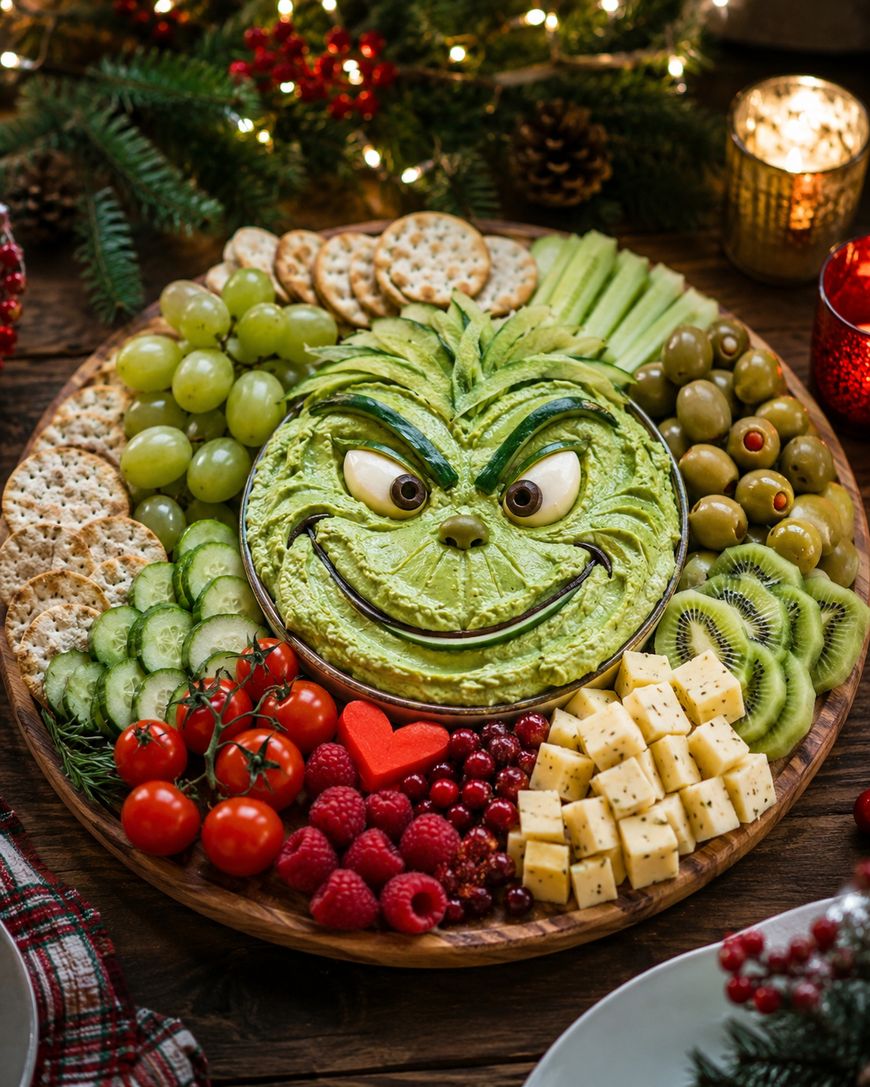 Festive and fun platter with a Grinch face made of guacamole, surrounded by crackers, grapes, cucumber, olives, cherry tomatoes, raspberries, kiwi, cheese cubes, and cranberries—perfect for Grinch charcuterie boards at holiday parties; holiday lights twinkle in the background.