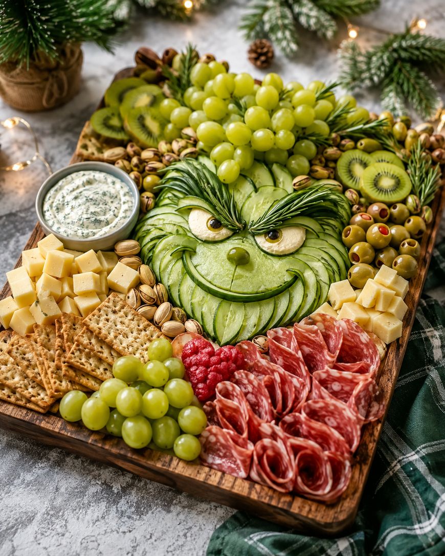 Festive Grinch Charcuterie Board with cheese, crackers, grapes, meats, and fruit, arranged with cucumber slices and olives to resemble the Grinch’s face—this whimsical platter is perfect for holiday parties. Finished with holiday greenery and a bowl of dip, these Grinch charcuterie boards are sure to delight your guests.