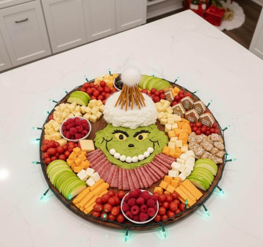 A large round platter with fruits, cheeses, meats, cookies, and crackers arranged around a dip shaped and decorated like the Grinchs face, wearing a Santa hat made of cheese and a white pom-pom.