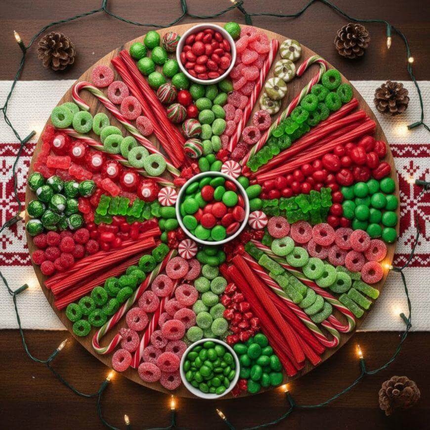 A round wooden platter arranged with red and green holiday candies, including licorice, gumdrops, candy canes, and peppermint, surrounded by pine cones, Christmas lights, and a festive table runner.
