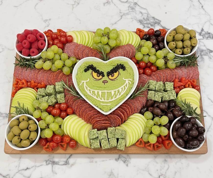 A charcuterie board with sliced meats, cheese cubes, grapes, olives, raspberries, tomatoes, and apple slices, featuring a heart-shaped dip decorated with a smiling Grinch face at the center.