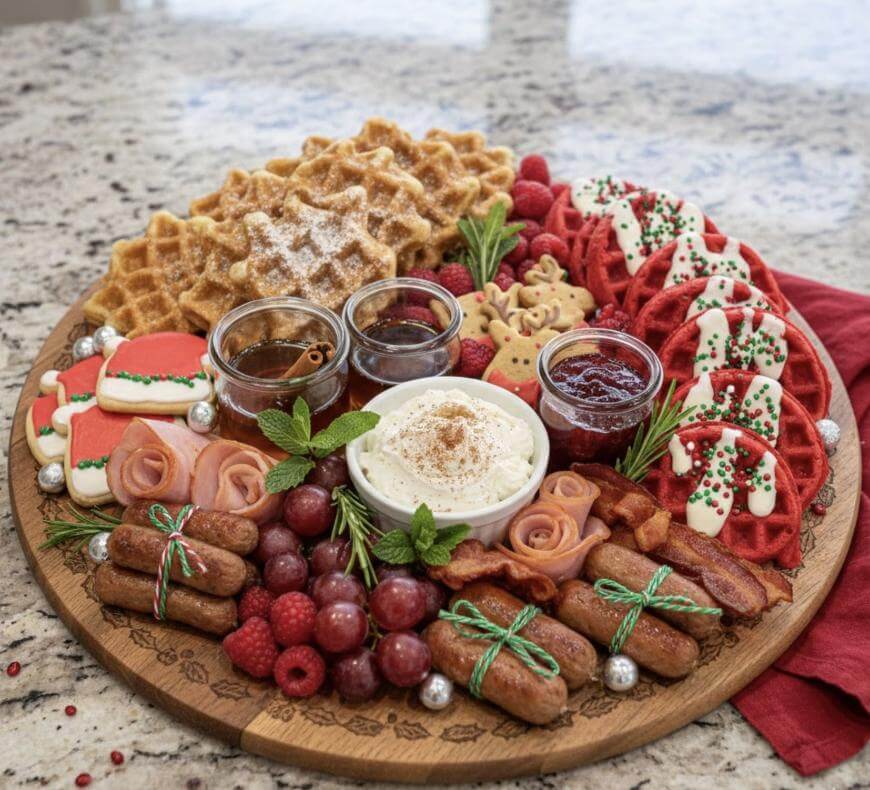 A round wooden platter topped with waffles, red and green decorated cookies, jam jars, whipped cream, sausages tied with green string, bacon, grapes, raspberries, and fresh herbs, set on a granite countertop.