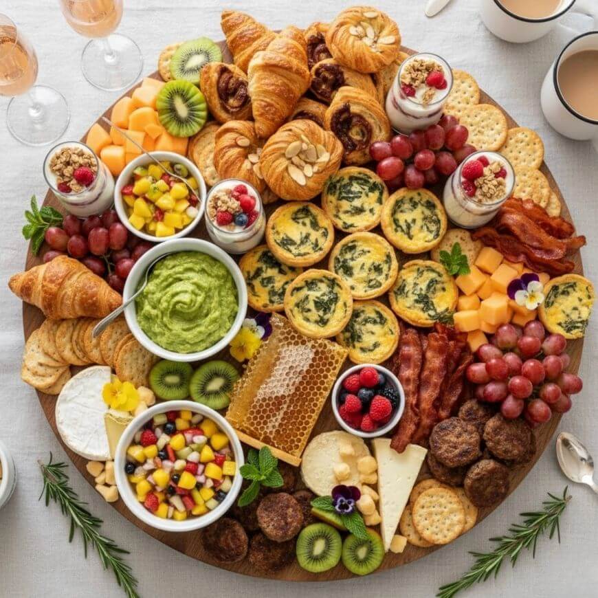 A round wooden platter filled with croissants, mini quiches, cheeses, fresh fruit, crackers, honeycomb, guacamole, yogurt parfaits, grapes, and bacon, arranged on a white tablecloth with tea and champagne.