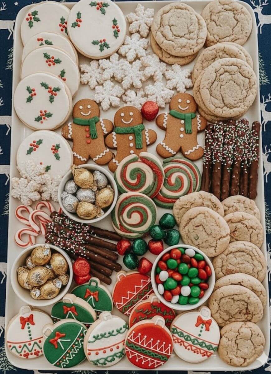 A festive tray filled with assorted Christmas cookies, including decorated sugar cookies, gingerbread people, swirled cookies, snowflake cookies, chocolate-covered pretzels, candies, and chocolate truffles.
