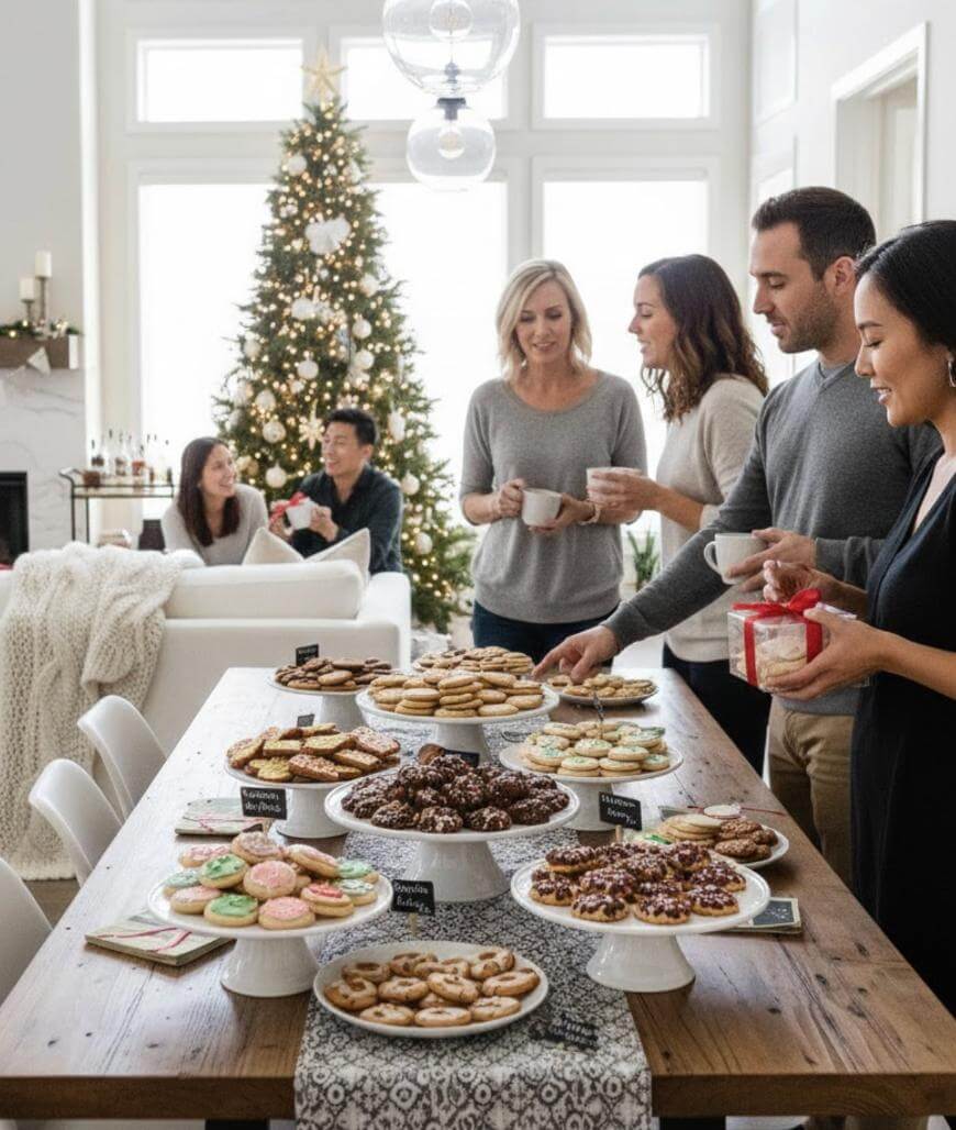 A group of people stand around a table filled with assorted cookies, chatting and holding mugs, while others sit on a sofa in the background. A decorated Christmas tree and festive decorations are visible in the bright living room.