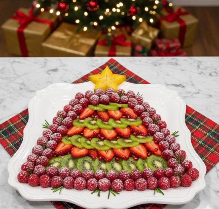A festive fruit platter arranged in the shape of a Christmas tree with raspberries, kiwi, strawberries, and a star-shaped fruit on top, set on a plate with a plaid napkin; gifts and a lit tree are in the background.