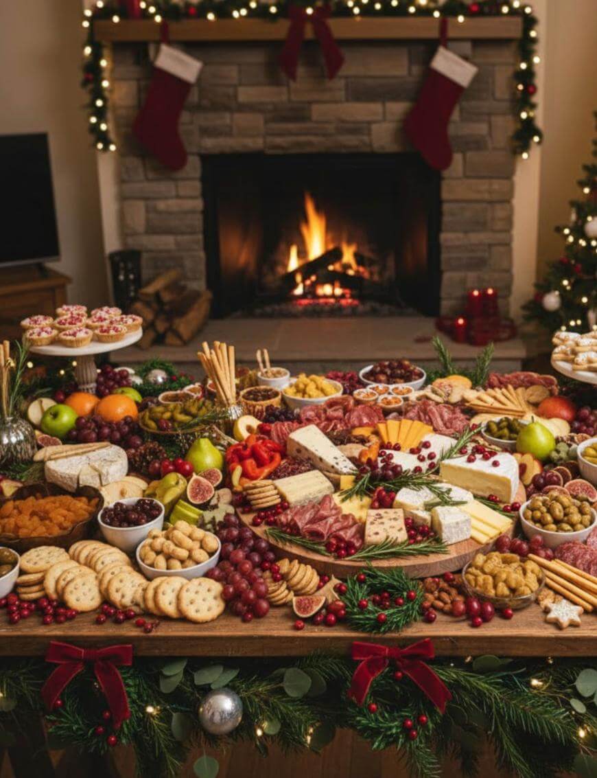 A festive charcuterie board with cheeses, meats, fruits, nuts, crackers, and holiday treats is displayed on a decorated table in front of a lit fireplace with stockings and Christmas decor.