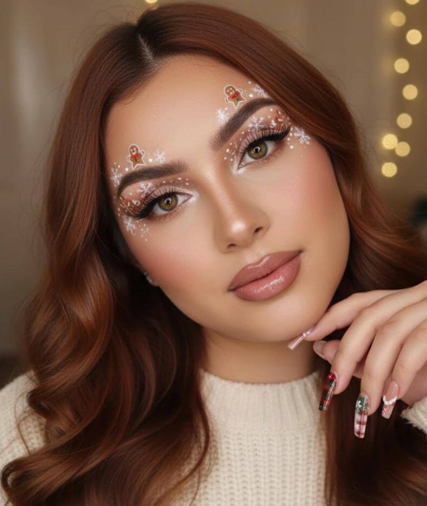 A woman with long wavy brown hair and festive makeup featuring snowflakes and gingerbread men above her eyebrows, wearing a cream sweater, rests her hand on her chin. Warm lights softly blur in the background.