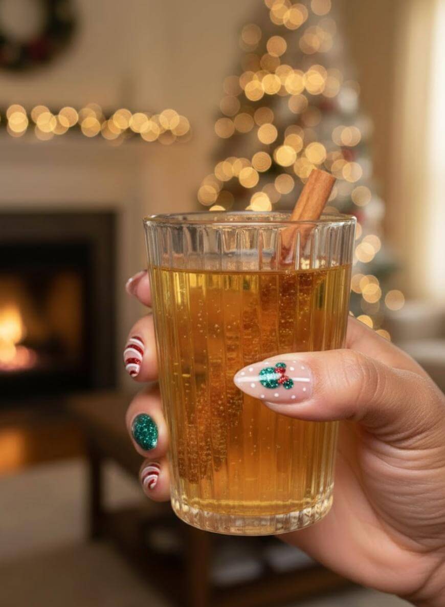 A hand with festive holiday-themed nails holds a glass of golden drink with a cinnamon stick. A decorated Christmas tree and glowing lights are blurred in the cozy background.