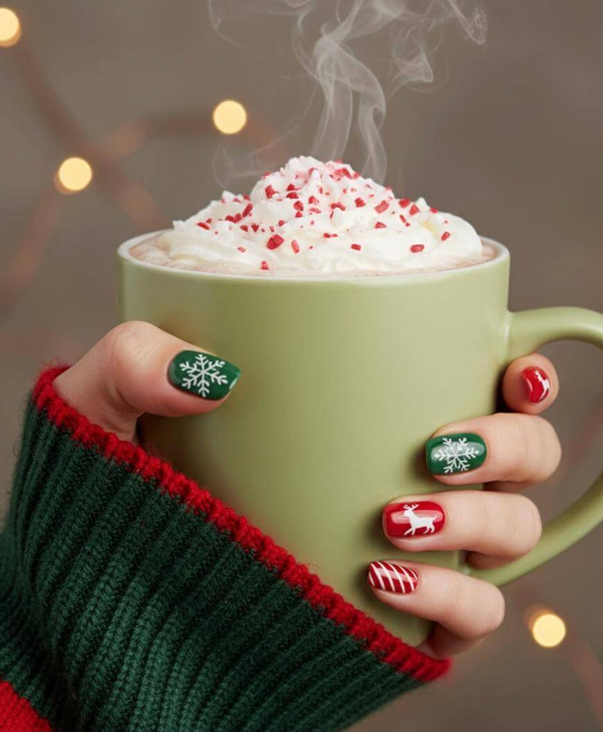 A hand with festive Christmas-themed nail art holds a green mug filled with whipped cream and red sprinkles. The person wears a green and red sweater, and steam rises from the hot drink. Blurred lights glow in the background.