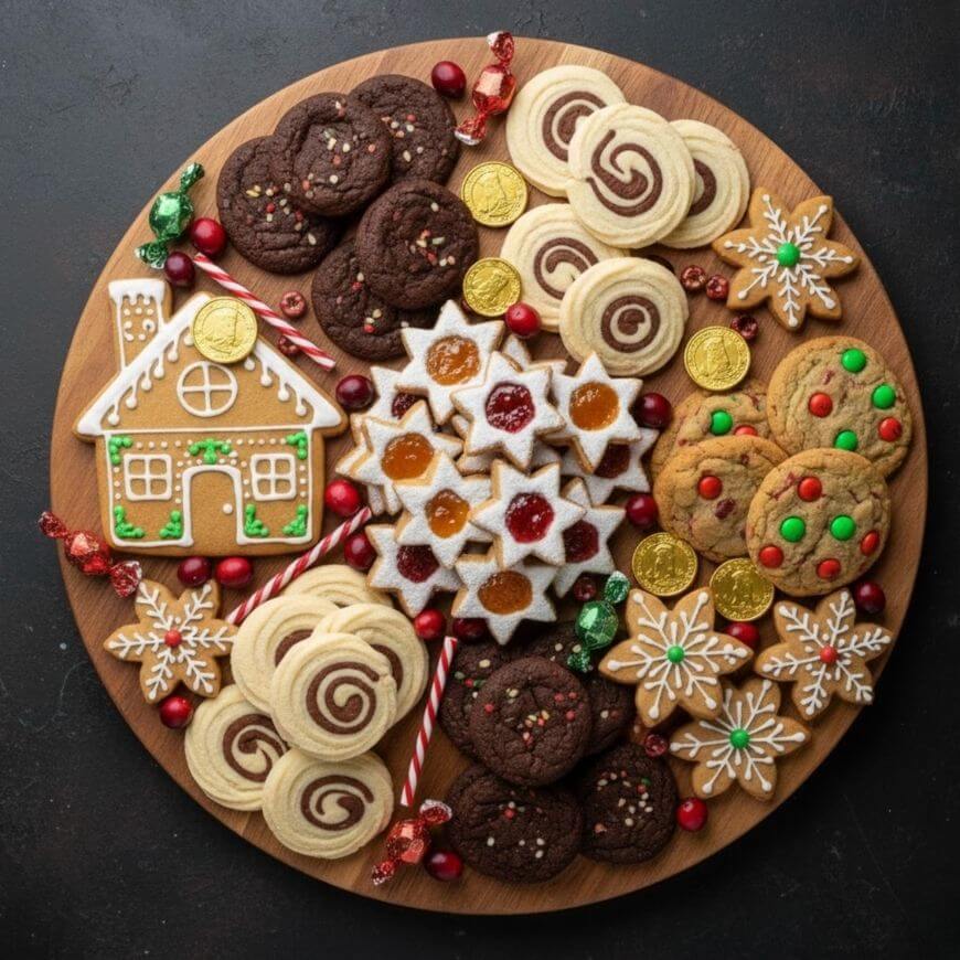 A round wooden platter filled with assorted festive cookies, including gingerbread, jam-filled stars, swirl cookies, chocolate and M&M cookies, gold-wrapped candies, and decorated snowflakes, arranged neatly on a dark surface.